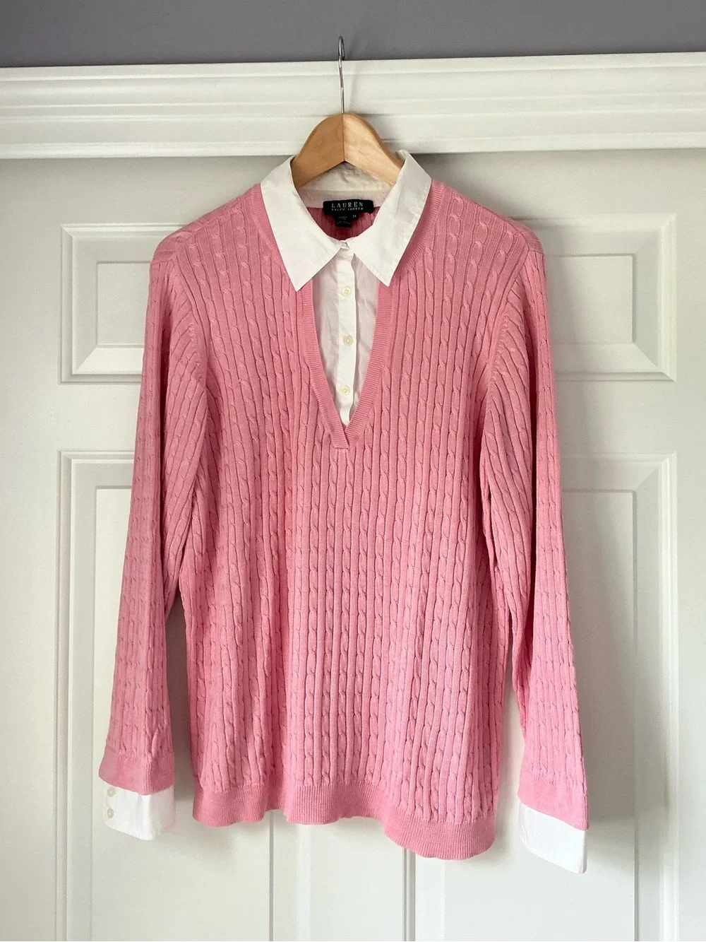 Lauren Ralph Lauren Pink Silk Blend Cable-Knit Sweater with White Collar 2X
